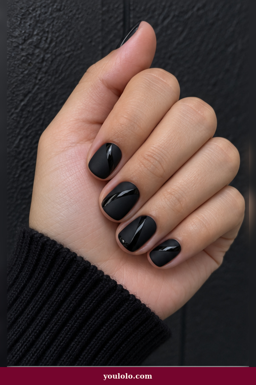 Emo Nails idea 13: short matte black nails with curved glossy black stripes