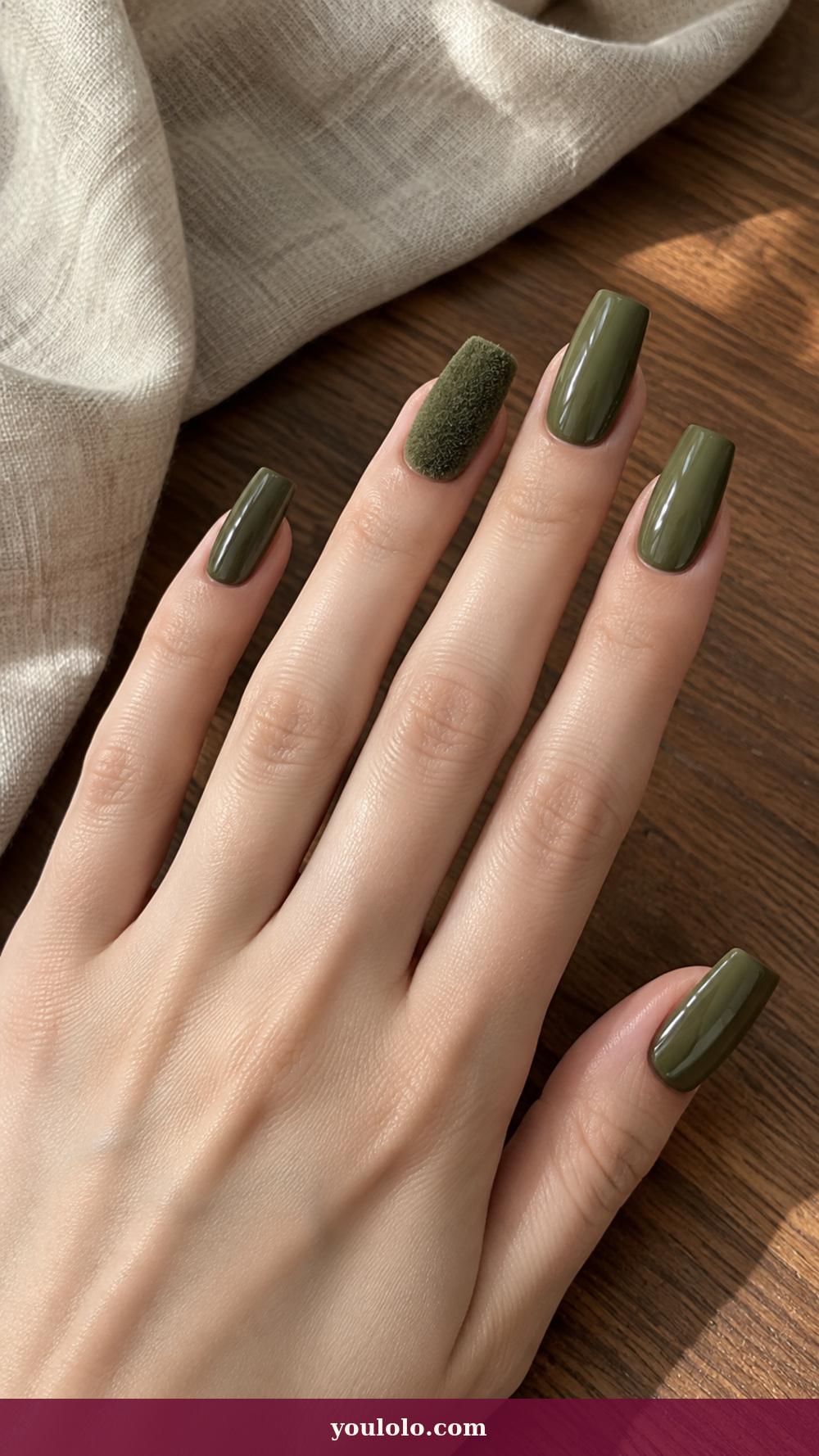 Acrylic Nails Ideas idea 13: Moss Velvet Flocking on a realistic feminine hand