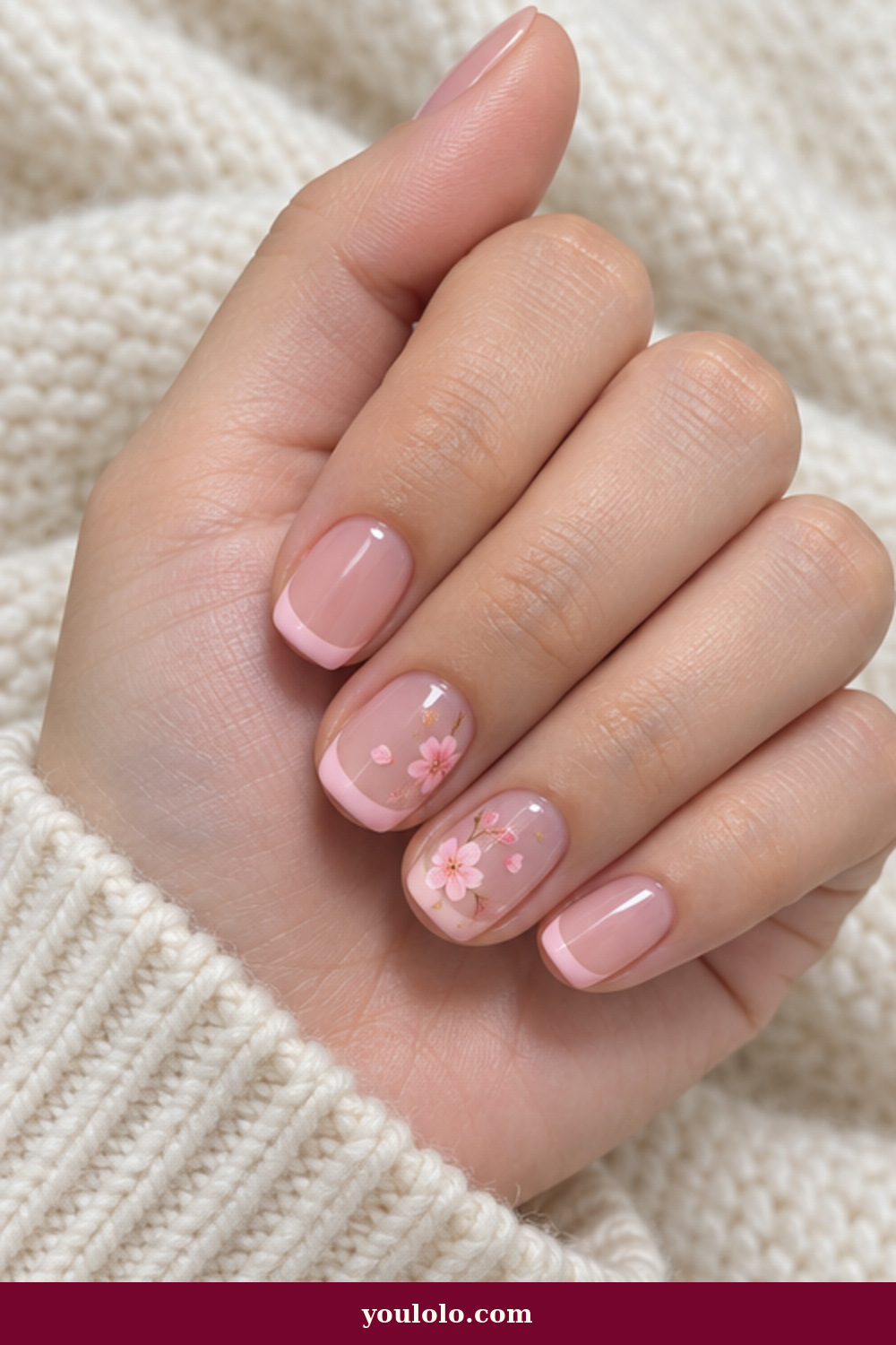 Pink French Sakura Cherry Blossom Nails idea