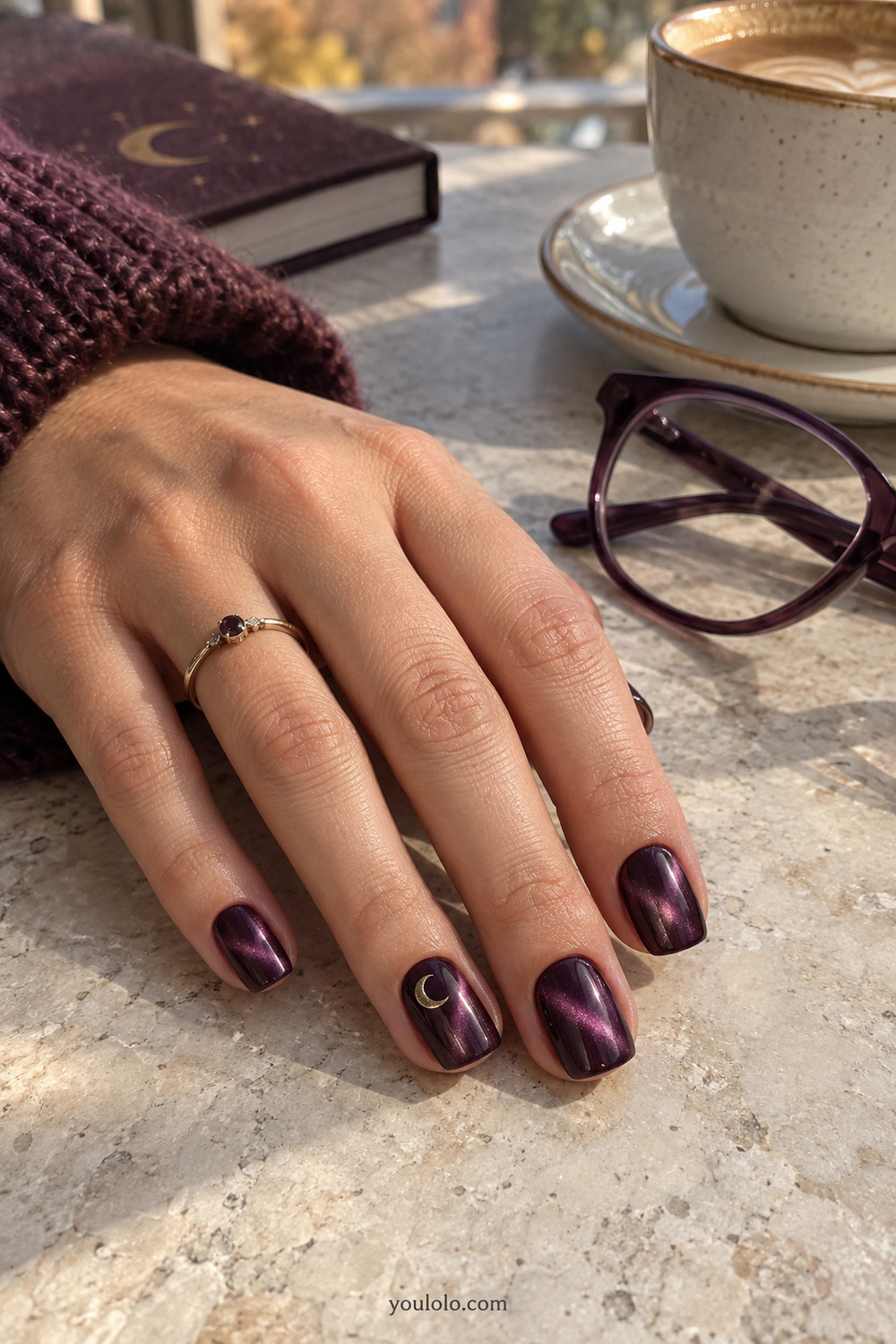 Plum velvet cat eye short nails with a chrome crescent moon