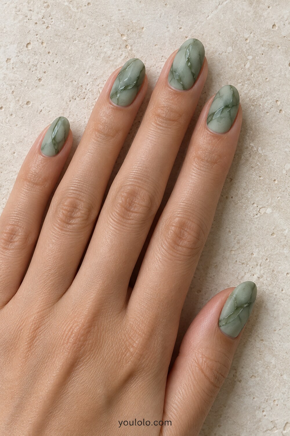 Speckled sage manicure inspired by unpolished jade stone