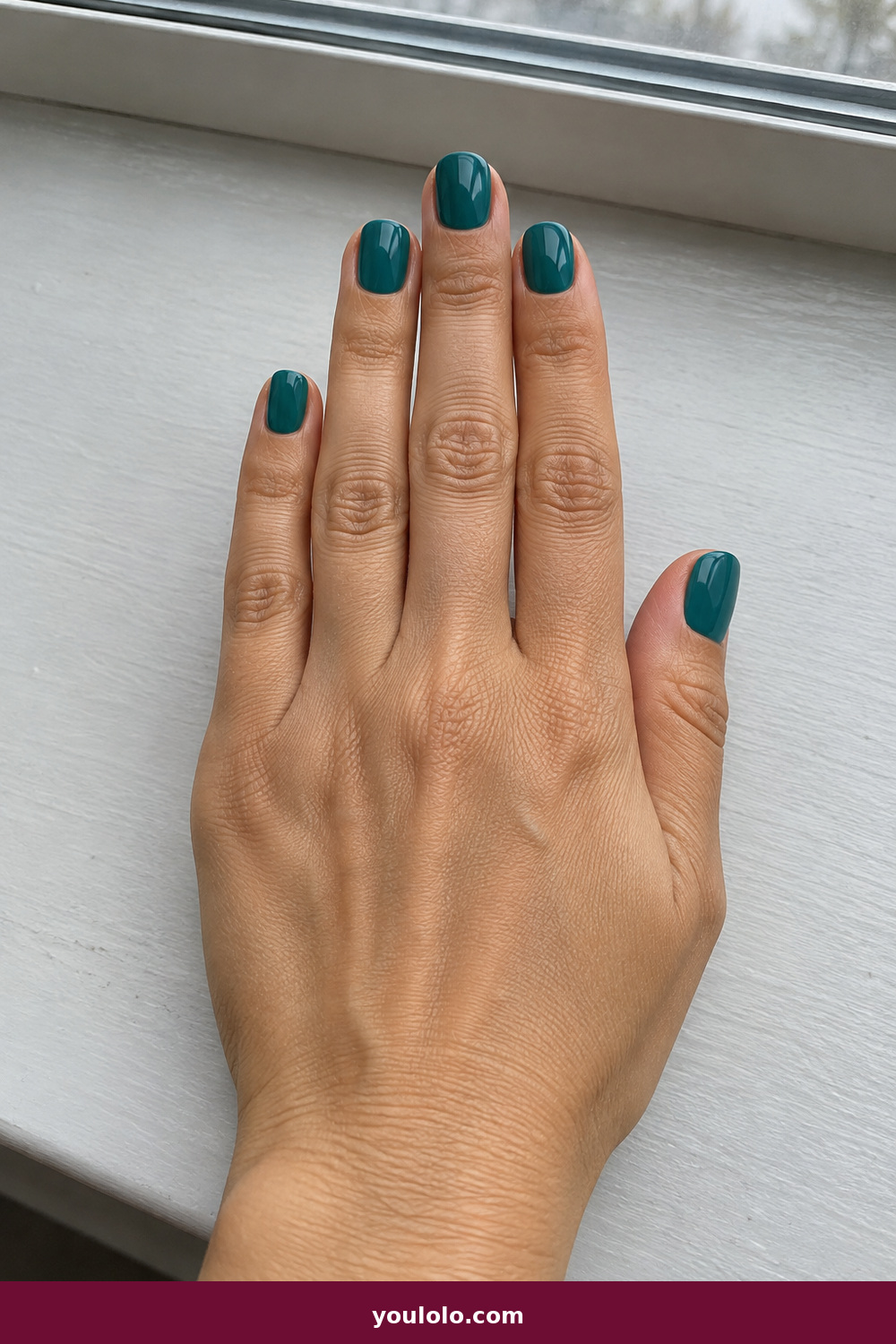 Short Nails Inspo idea 13: Teal Gloss, very short squoval nails in saturated teal cream gloss