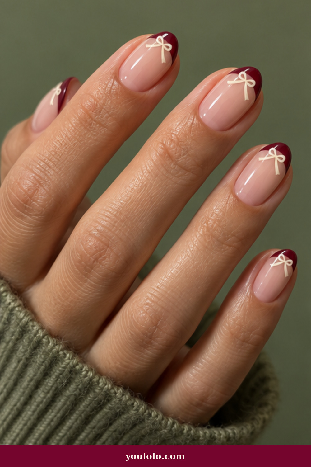 Simple Funky Nails idea 13: Tiny Bows Burgundy Tips