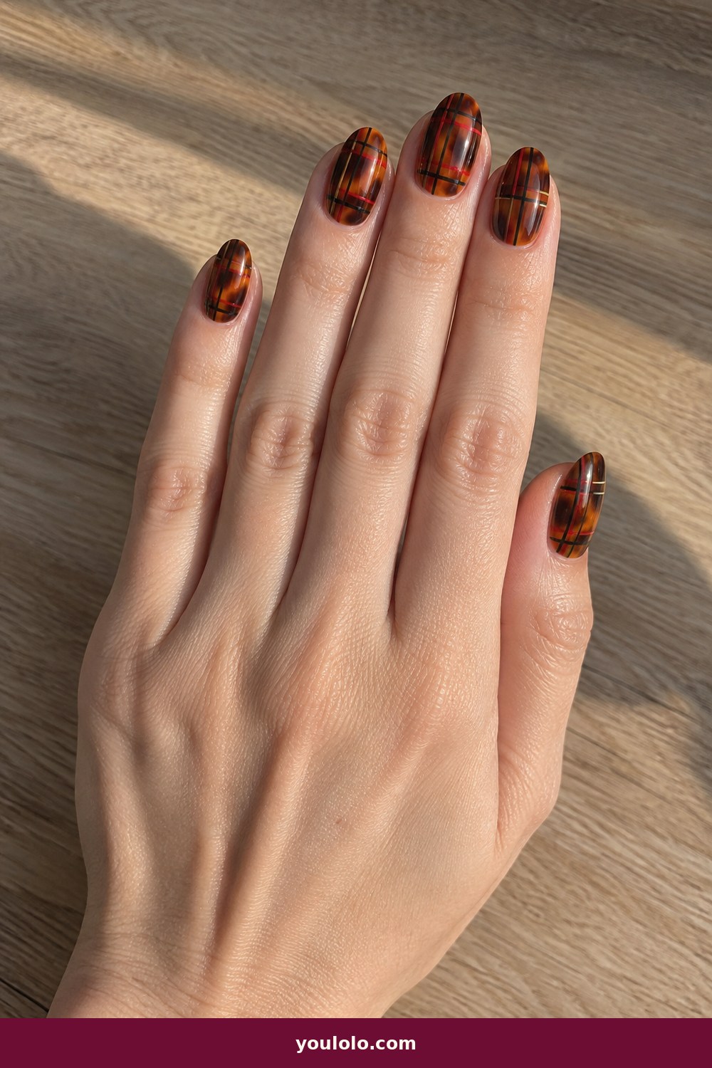 Burberry Nails idea 13: Tortoise Plaid Fusion
