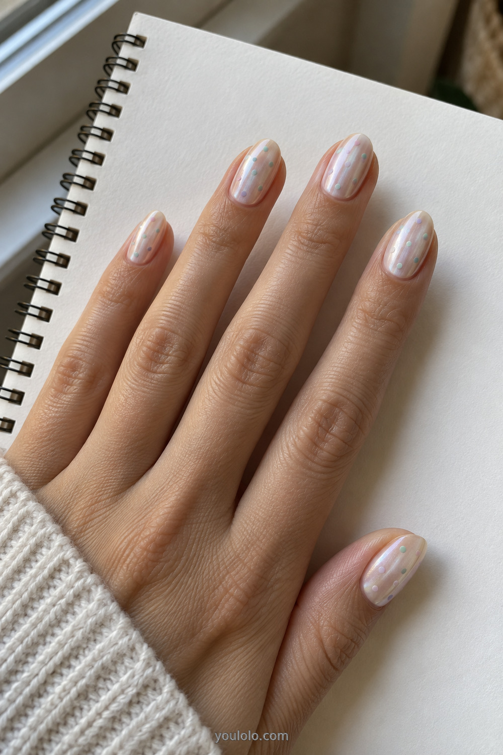 Pearl Unicorn Nails decorated with tiny pastel micro dots