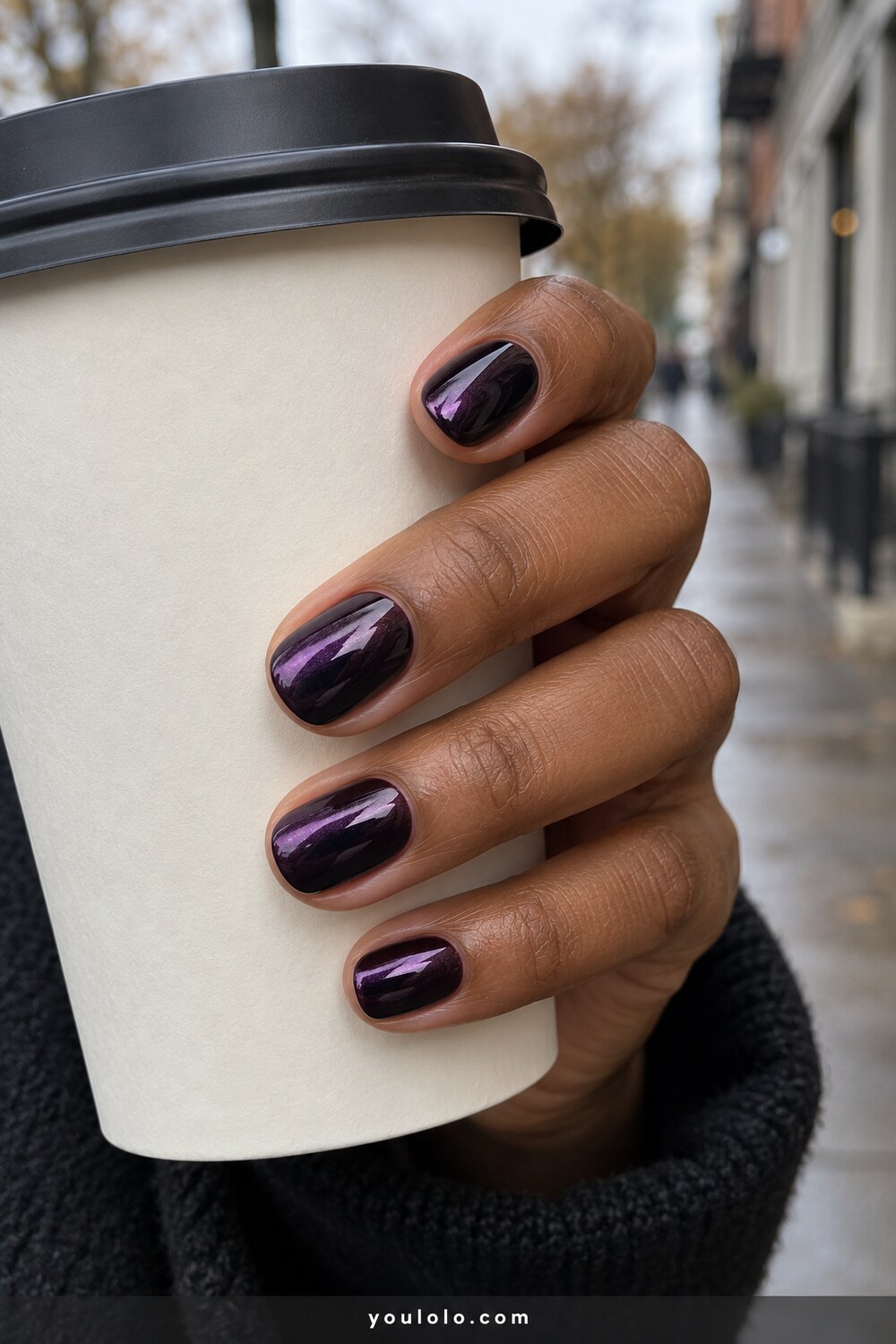 Near black blackberry chrome on short rounded nails