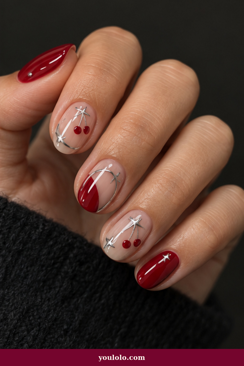 Simple Funky Nails idea 14: Cherry Silver Orbits