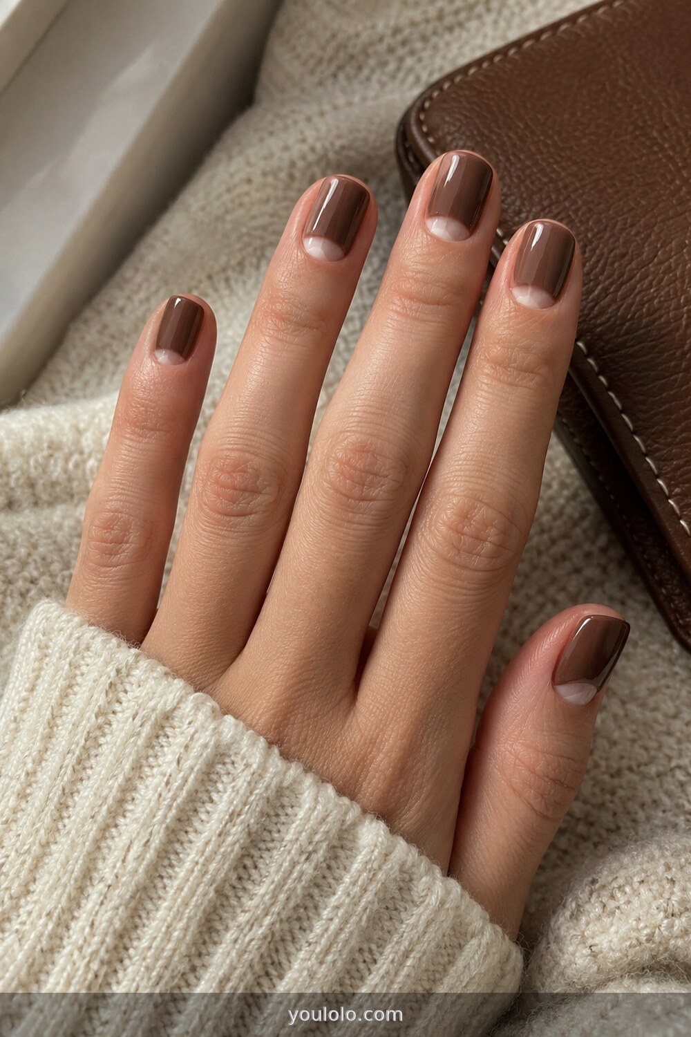 Cocoa manicure with clean negative space half moons