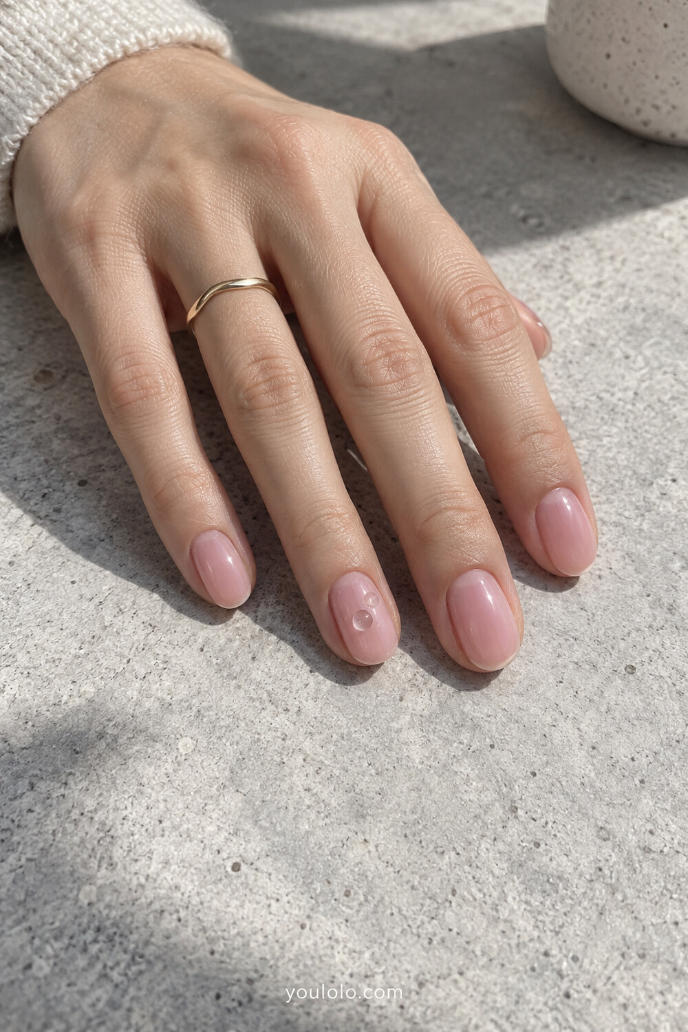 Pale pink Korean jelly manicure with small clear gel dewdrops