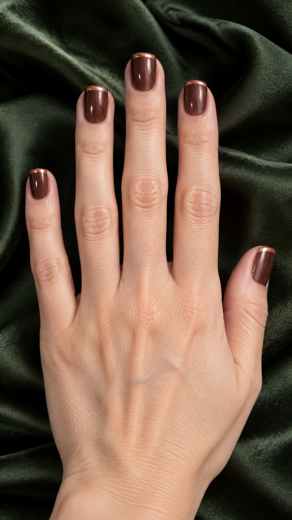 Chocolate Brown Nails idea 14: Metallic Cocoa Edge manicure on a realistic feminine hand