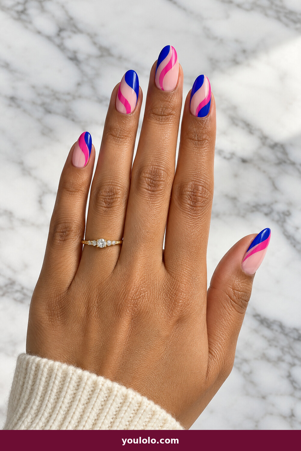 Pink Summer Nails idea 14: Pink and Cobalt Waves