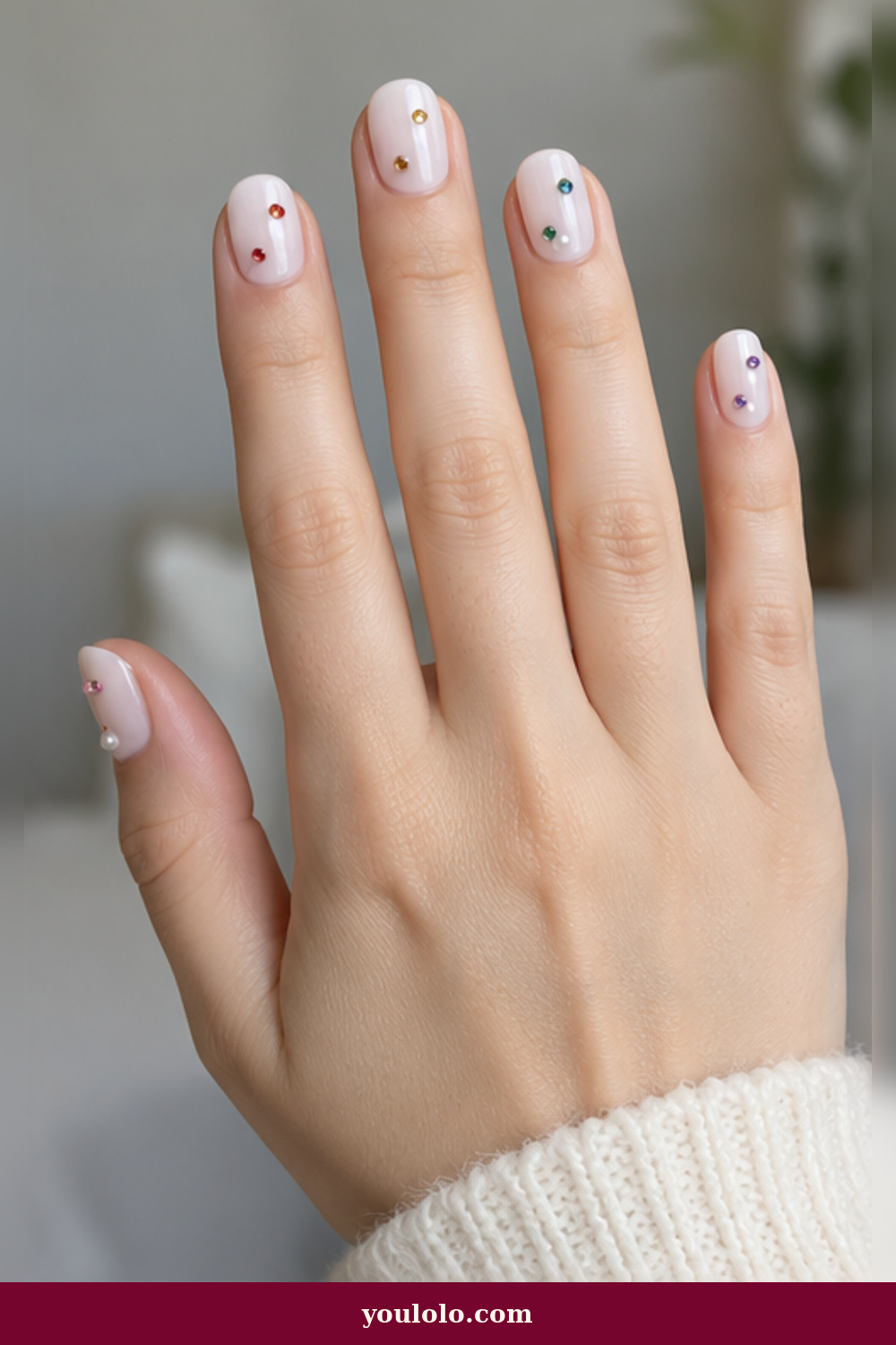 Rainbow Microstones on Milk Rainbow Nails idea