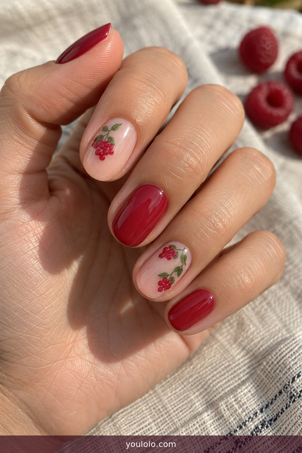 Tiny hand-painted raspberry fruit nail art accents