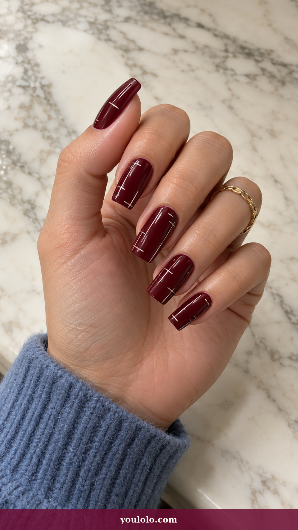 Long Square Nails idea 14: Wine Lacquer Ledger on a realistic feminine hand