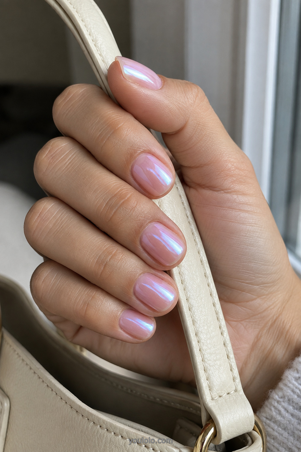 Baby pink luminous chrome manicure on short round nails
