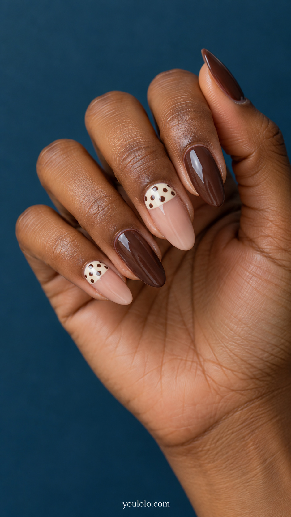 Brown dotted half moons manicure