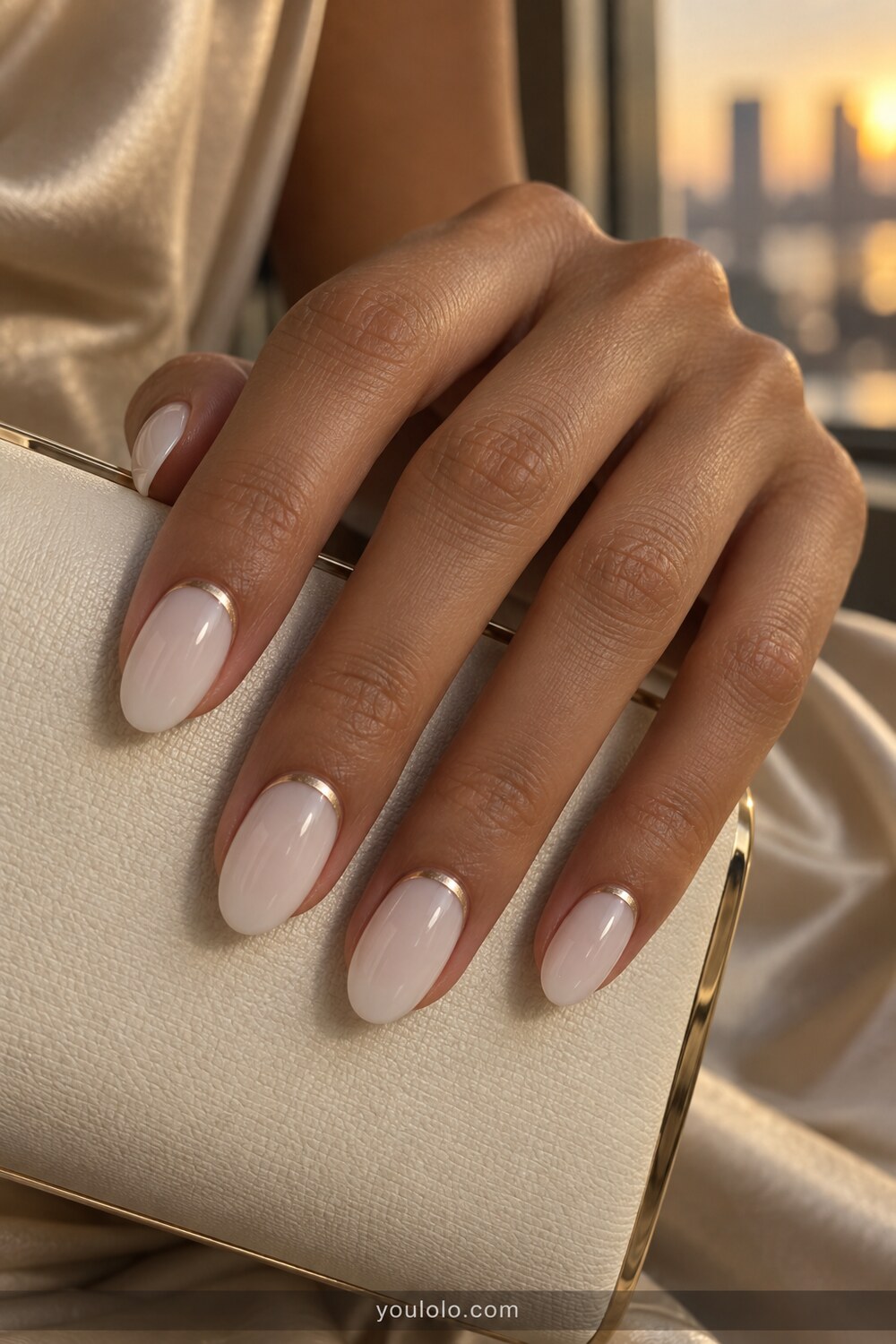 Warm champagne chrome cuffs on milky oval nails