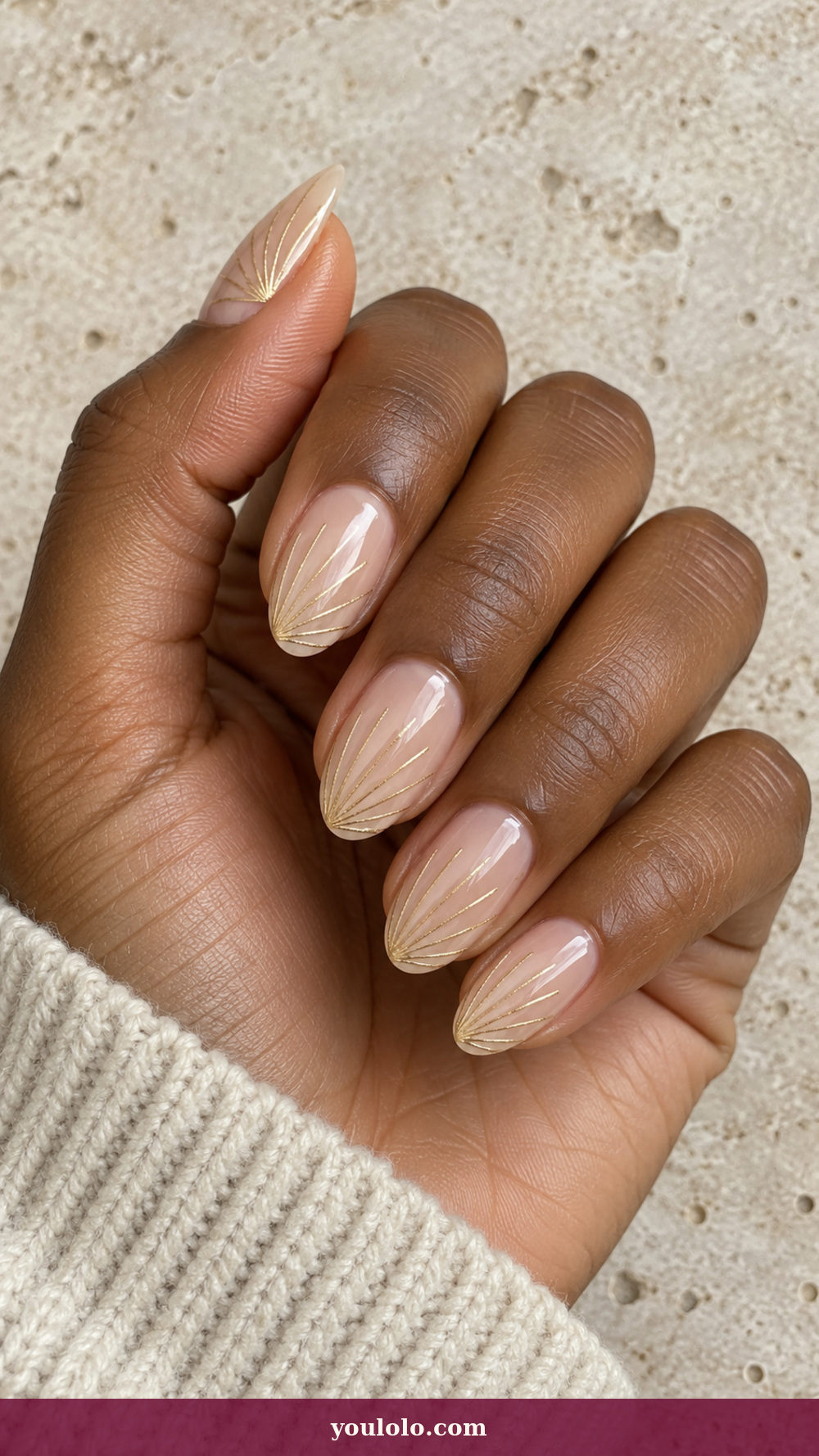 Douyin Nails idea 15: Champagne Fan Lines on a realistic feminine hand