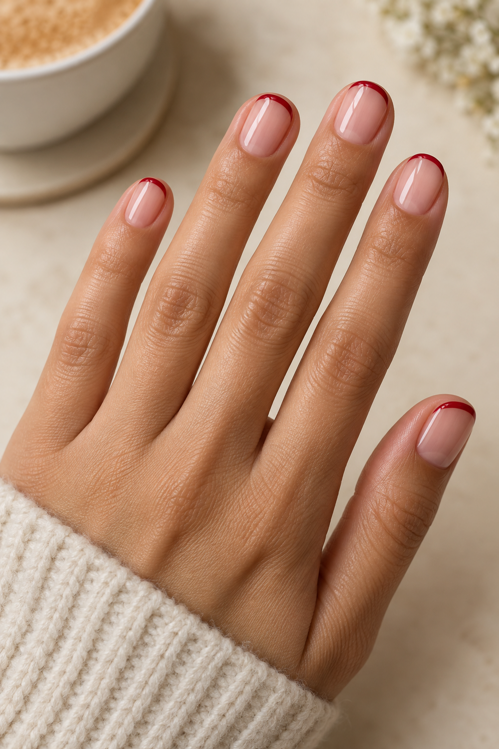 Cherry red micro French tips on very short round nails
