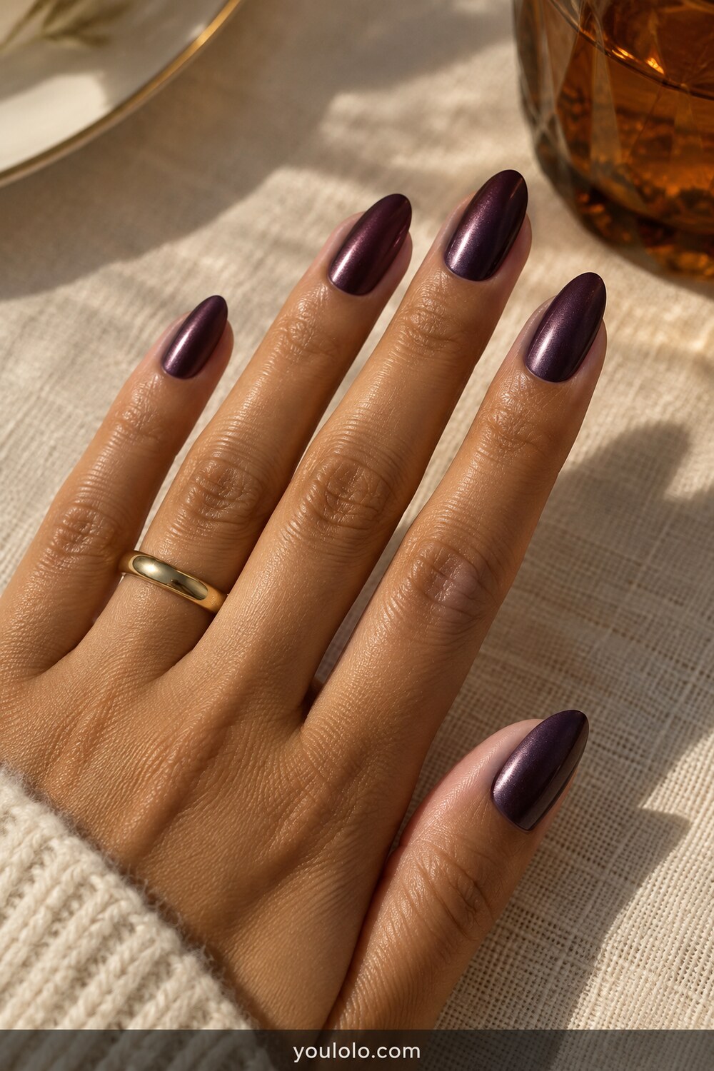 Deep eggplant satin chrome almond manicure