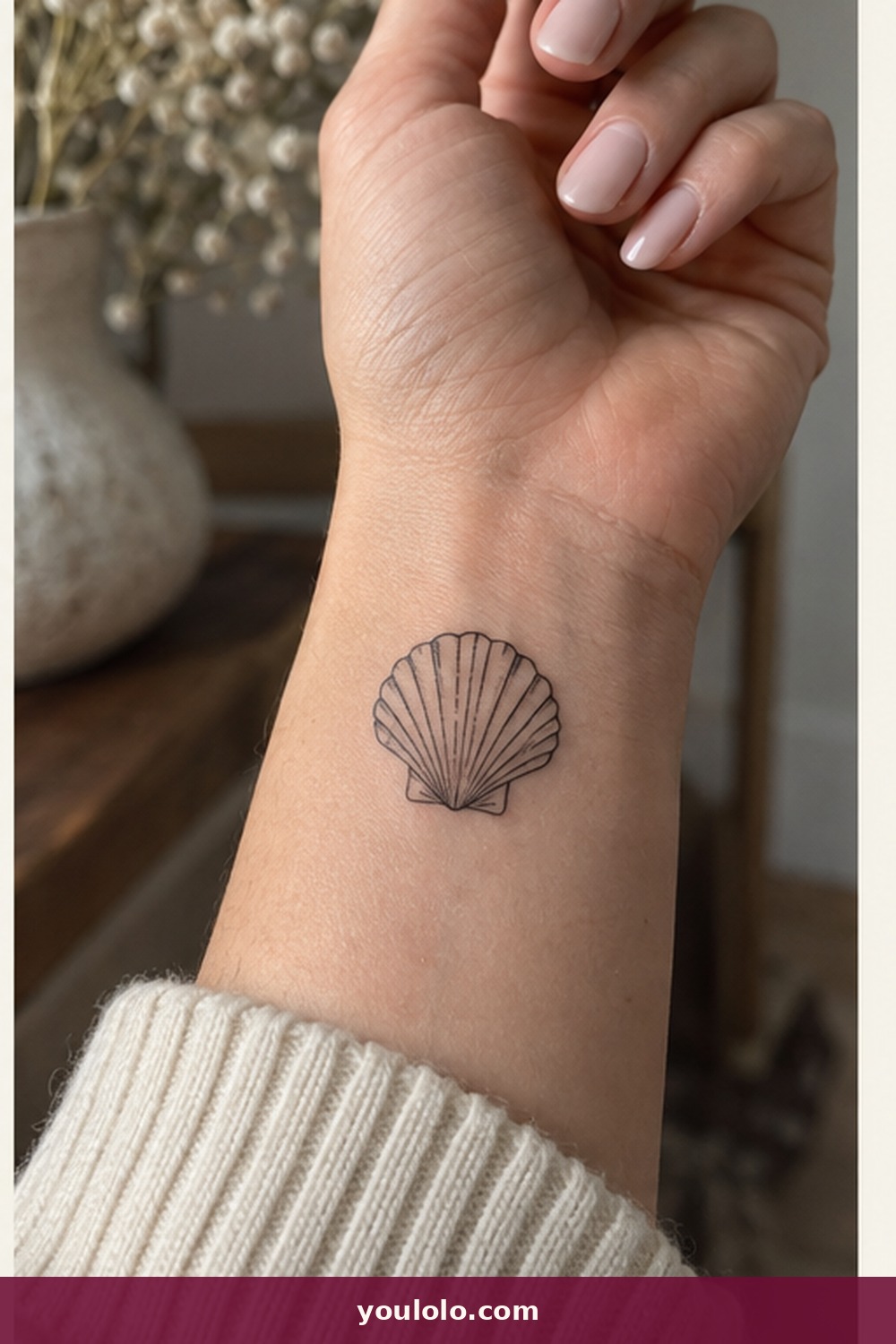Fine-Line Seashell — idea 15 from Dainty Wrist Tattoos for Women