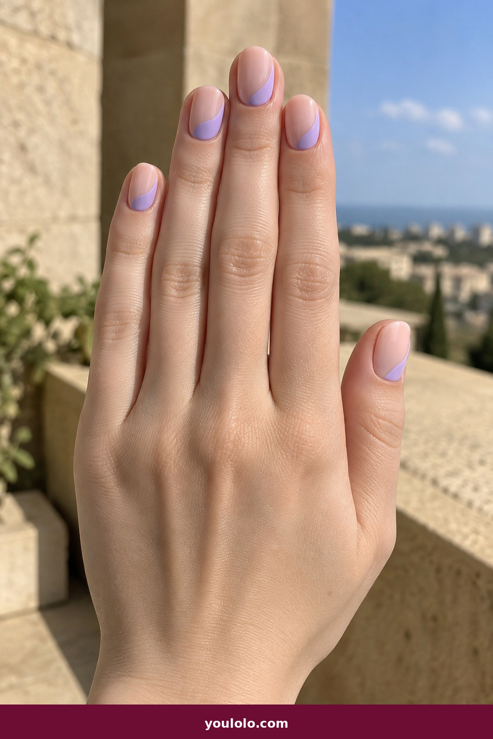 Short Nails Inspo idea 15: Lilac Side Swipe, short nude nails with a curved lilac side-swipe block