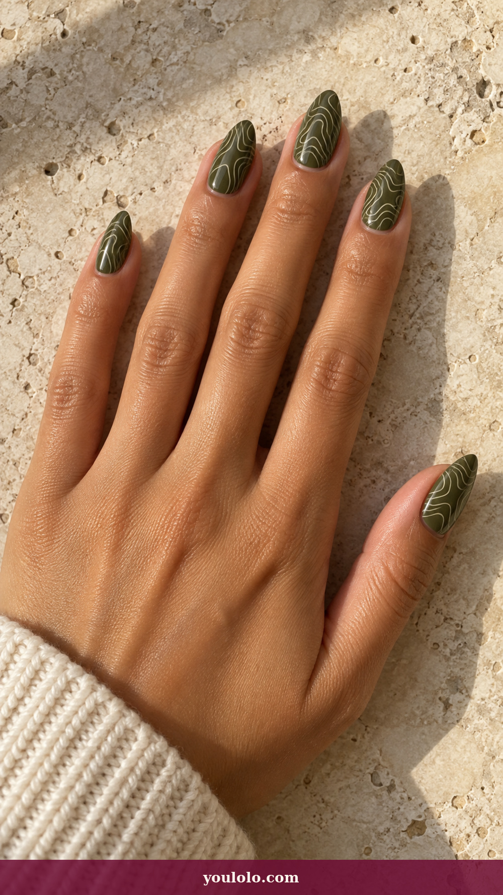Short Stiletto Nails idea 15: Olive Topographic Lines on a realistic feminine hand