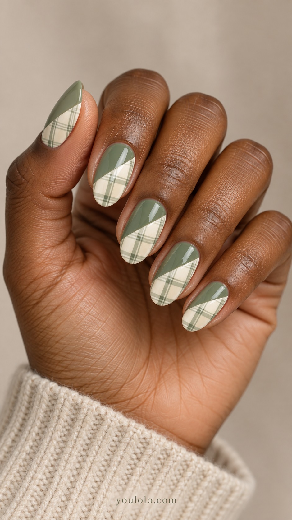 fall plaid nails — Sage Cream Patchwork