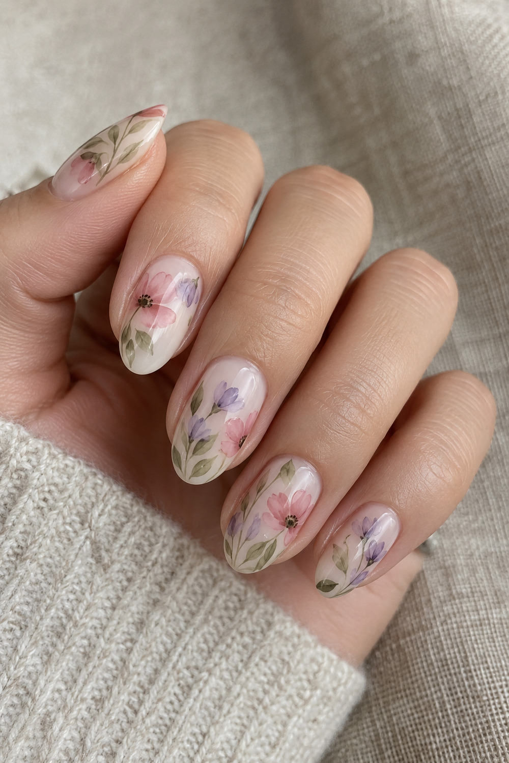 Milky nails with translucent watercolor flower art