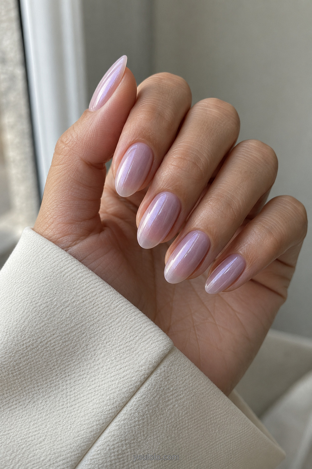 Sheer lilac glazed Unicorn Nails on medium almond nails