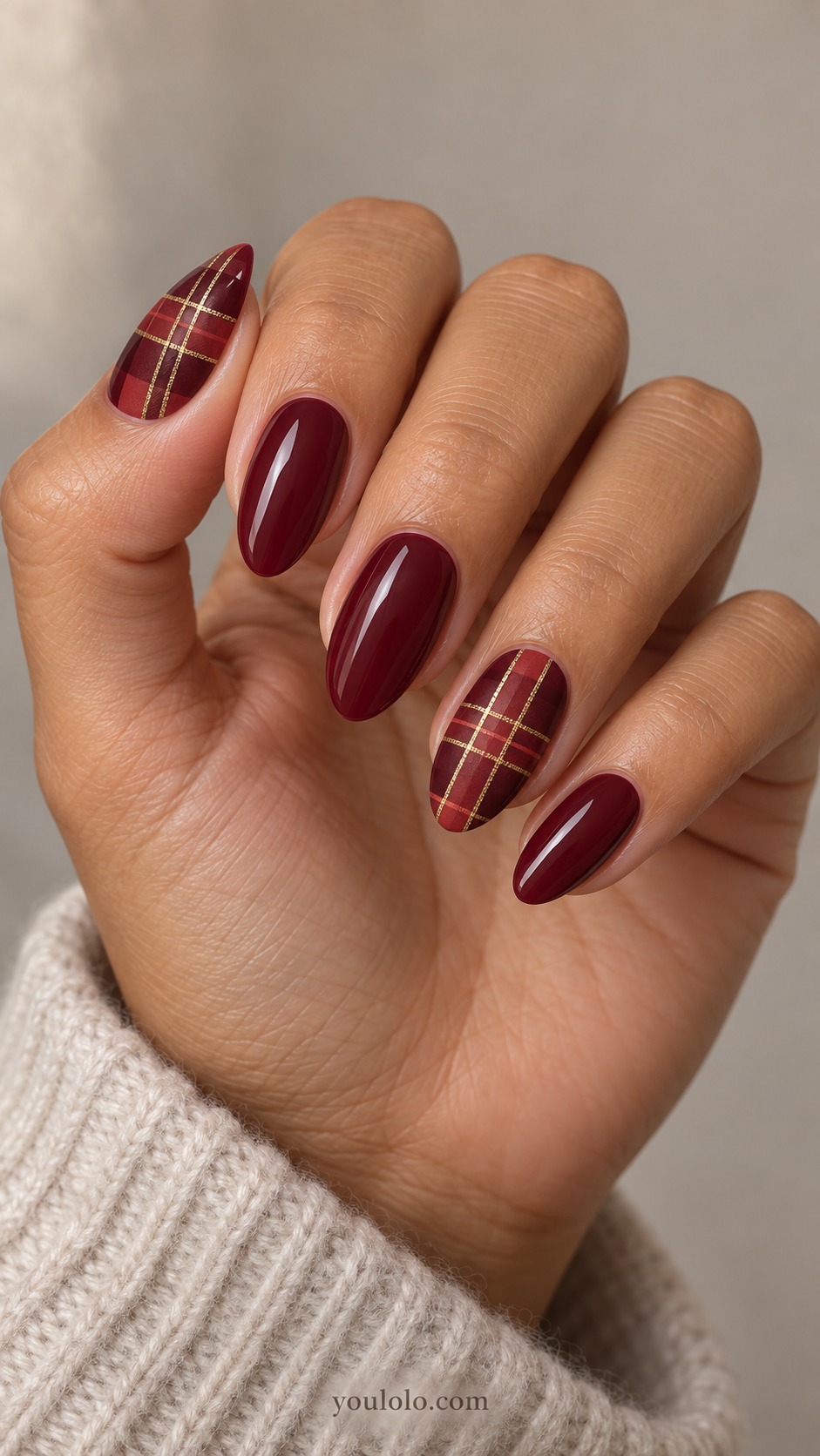 fall plaid nails — Burgundy Gold Pinline Plaid