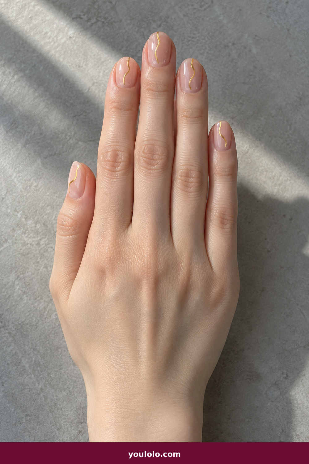 Work Nails idea 16: Clear Gold Thread, clear glossy short nails with a single irregular fine gold thread accent