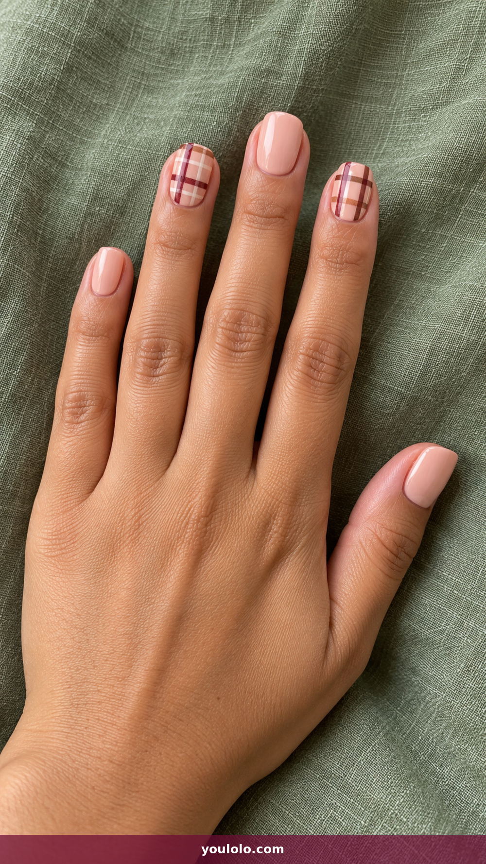 Peach Nails idea 16: Peach Plaid Accents in a realistic fall manicure