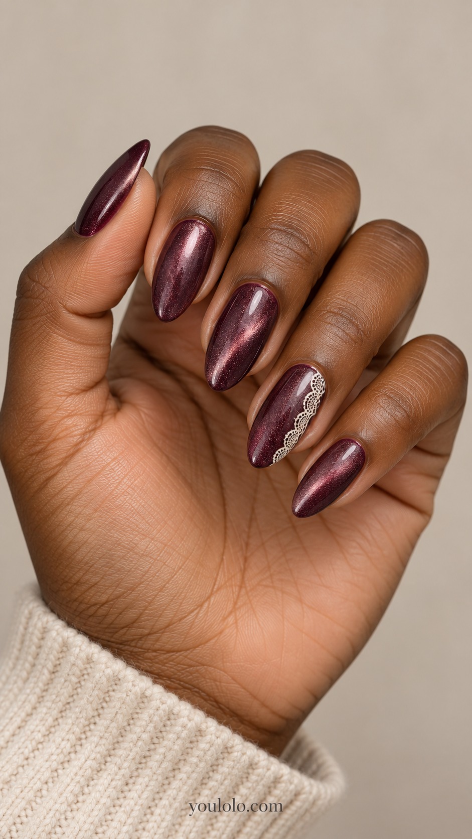 plum cat eye nails — Plum Glow with Fine Lace Edge