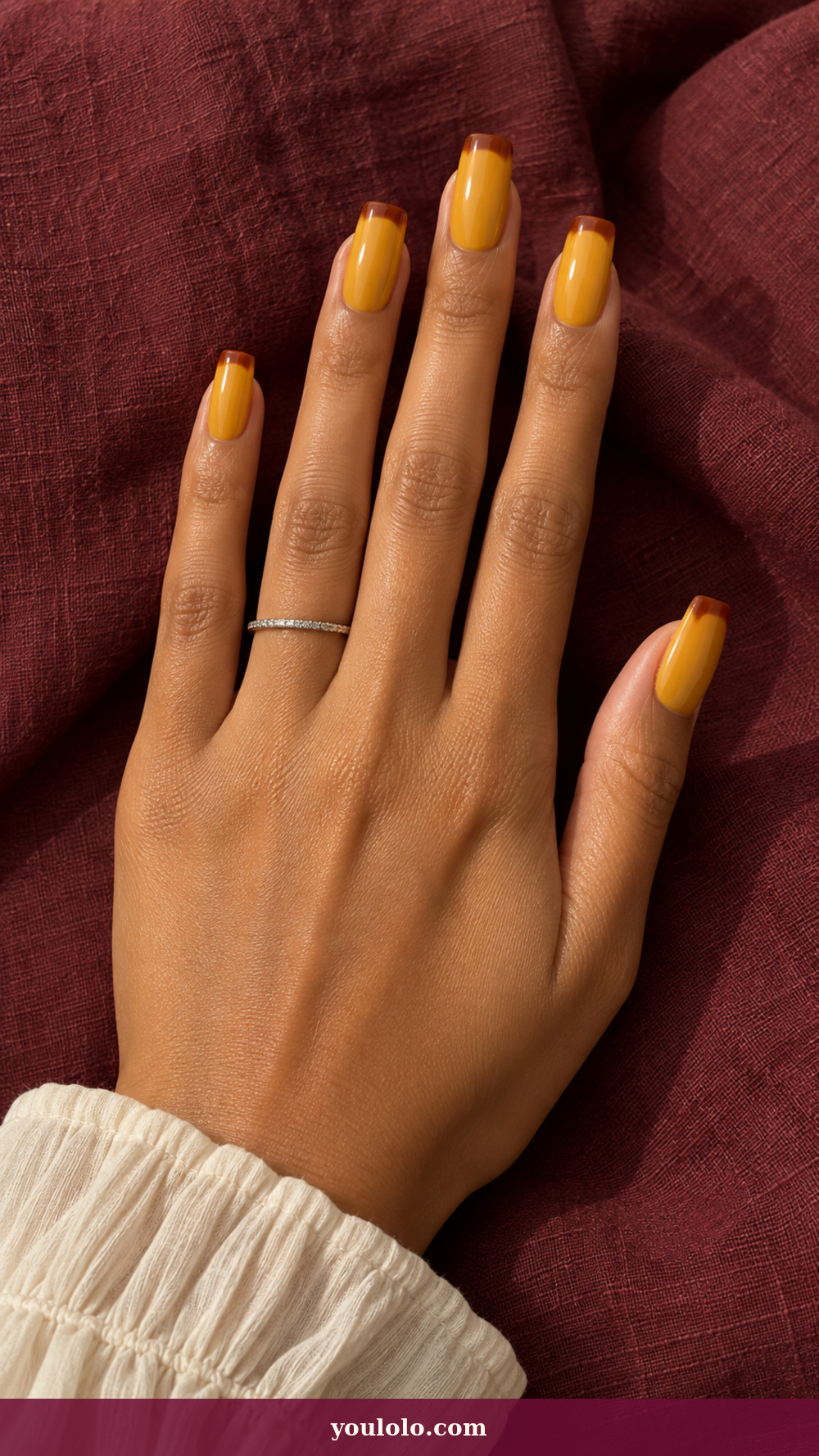 Long Square Nails idea 16: Saffron Shadow Edge on a realistic feminine hand