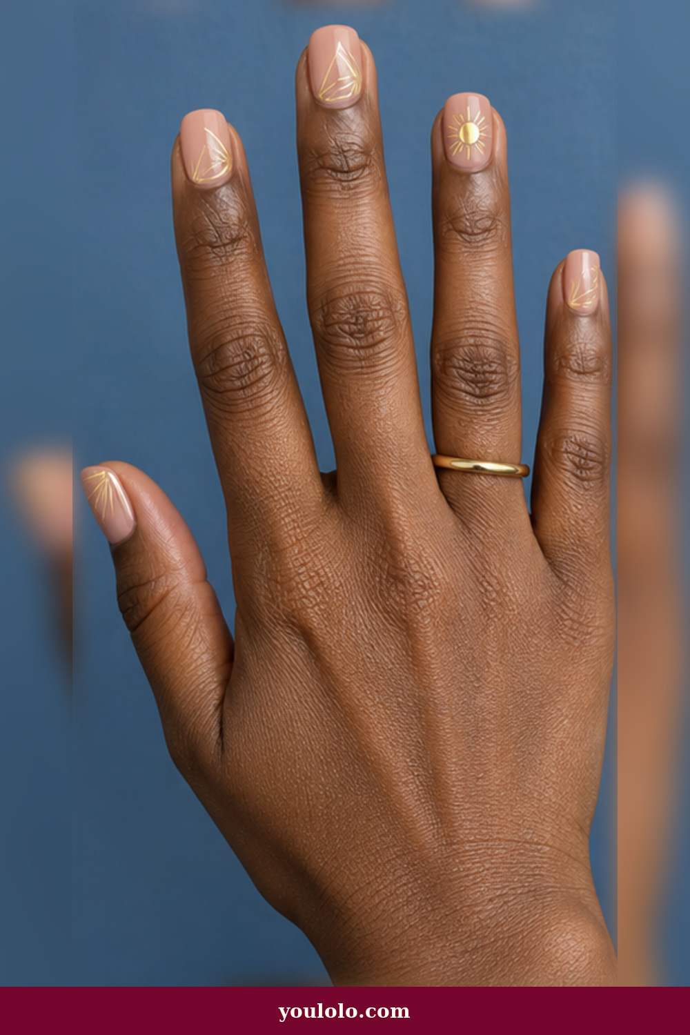 Festival Nails idea 16: solar gold linework over a nude base