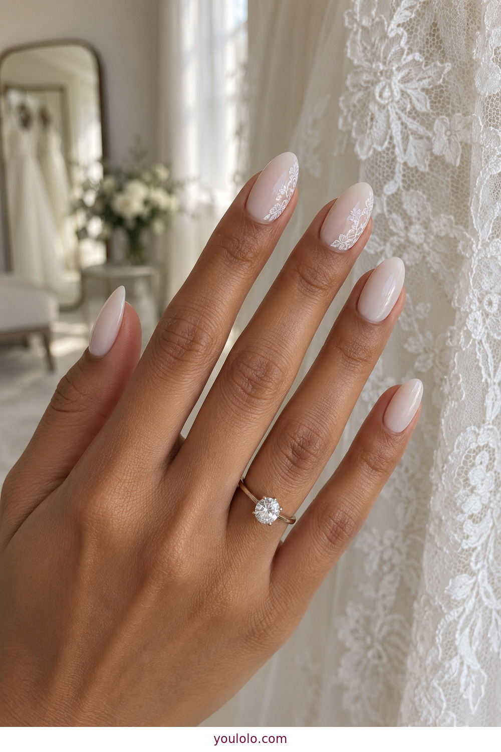 Milky bridal nails with fine white lace accent art