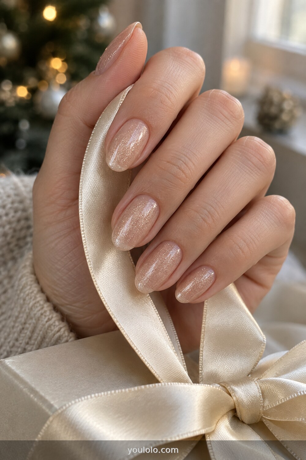 Champagne micro shimmer manicure with a delicate glow
