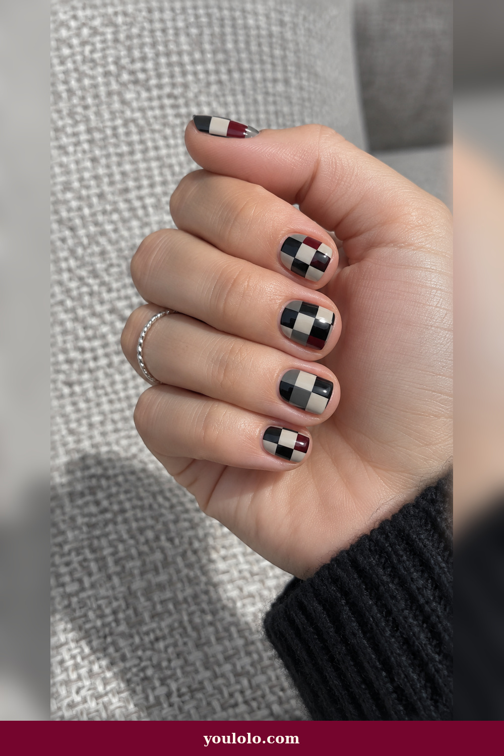 Emo Nails idea 17: short rounded-square nails with black, graphite, cream, and wine micro checks