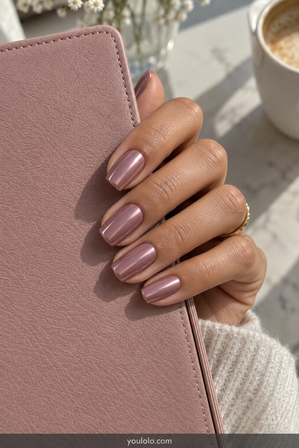 Mauve purple nails with a soft rose chrome shift