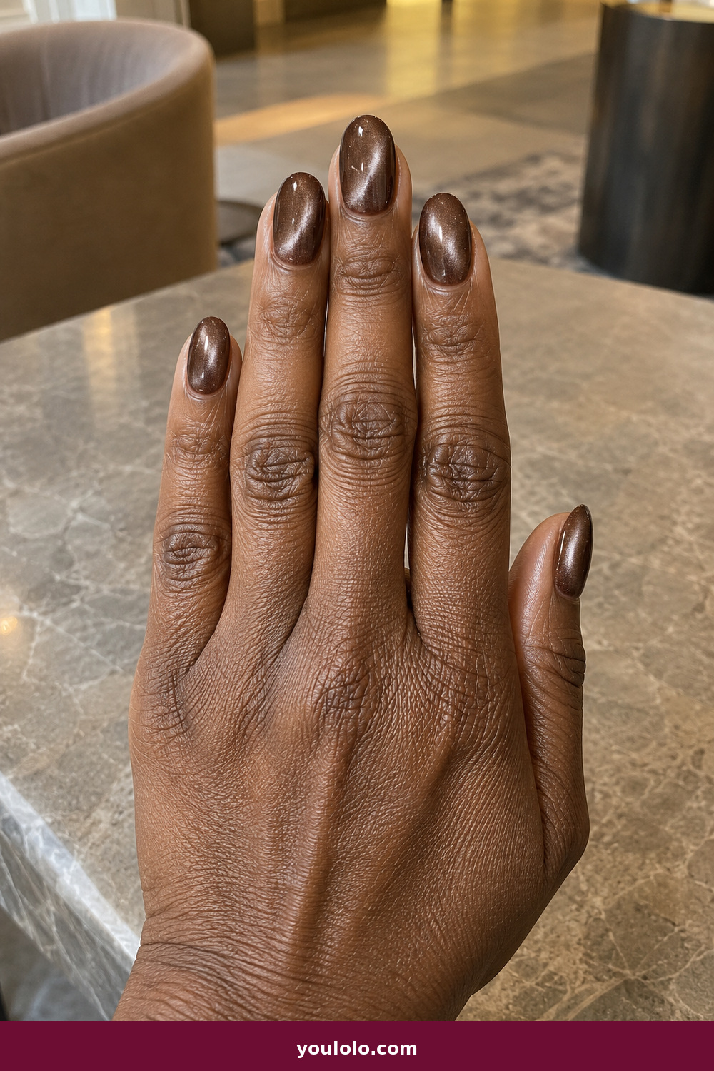 Gel Nails Ideas idea 17: Mocha Velvet, medium oval mocha magnetic velvet gel with soft dimensional glow