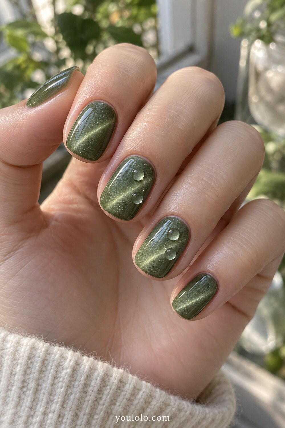 Olive velvet magnetic manicure inspired by luminous jade