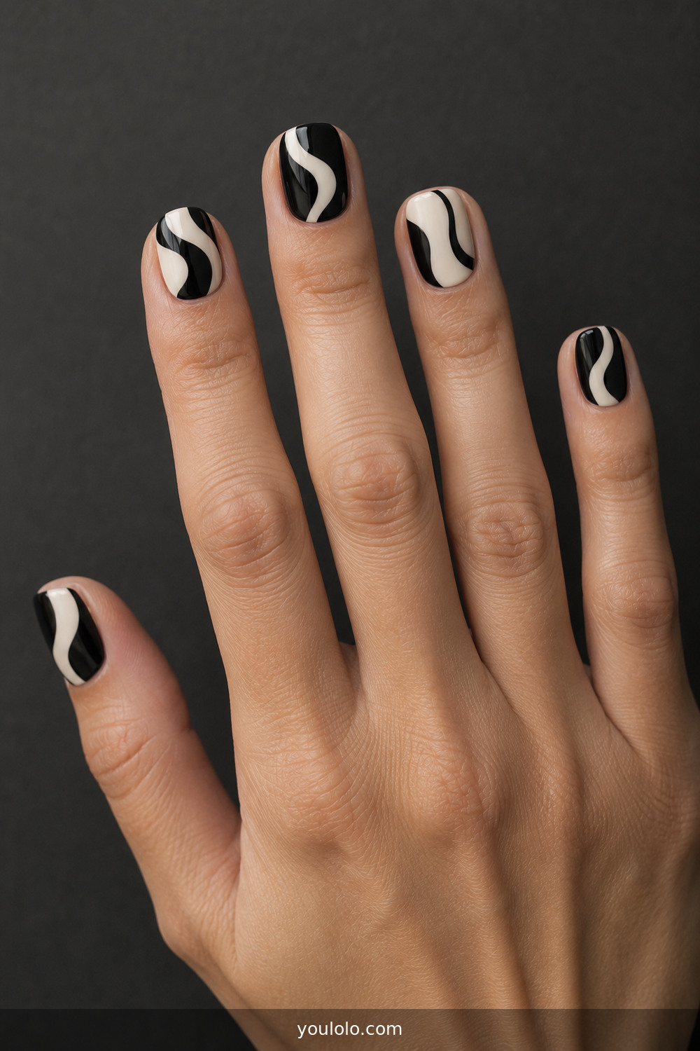 Black and ivory optical wave nail art