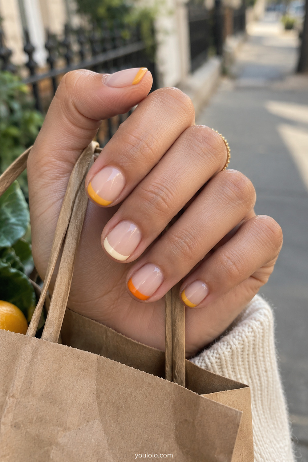 Ivory orange and mustard micro French tips on short nails