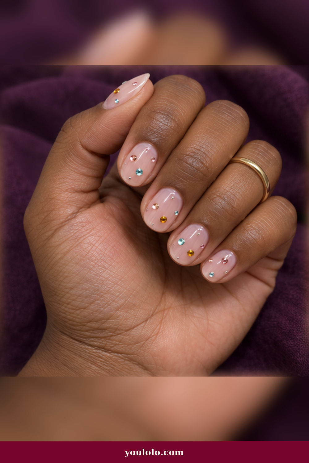 Festival Nails idea 18: nude nails with tiny multicolor gem constellations