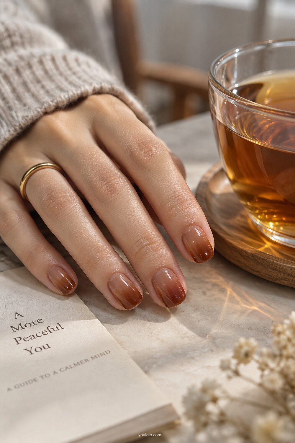 Warm amber tea Korean syrup nails with a translucent brown gradient
