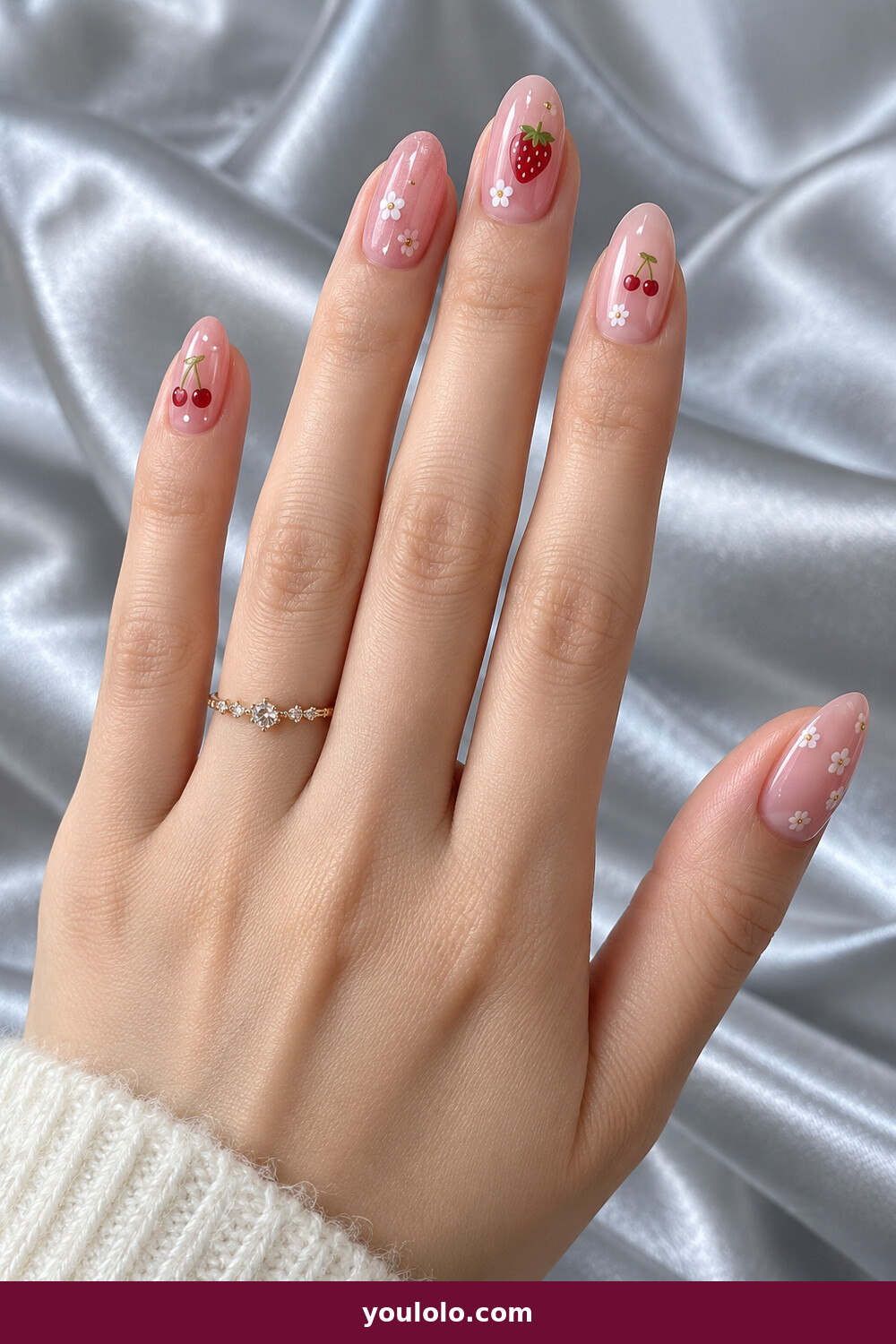 Pink Summer Nails idea 18: Tiny Fruit Accents