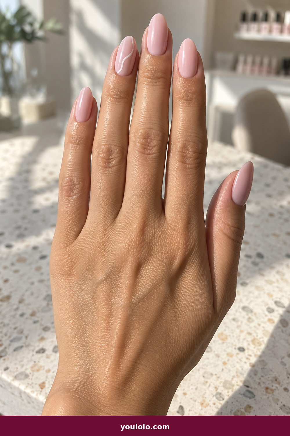 Pink and White Nails idea 18: White Satin Ribbon, medium almond pale pink nails with one flowing white satin-ribbon line