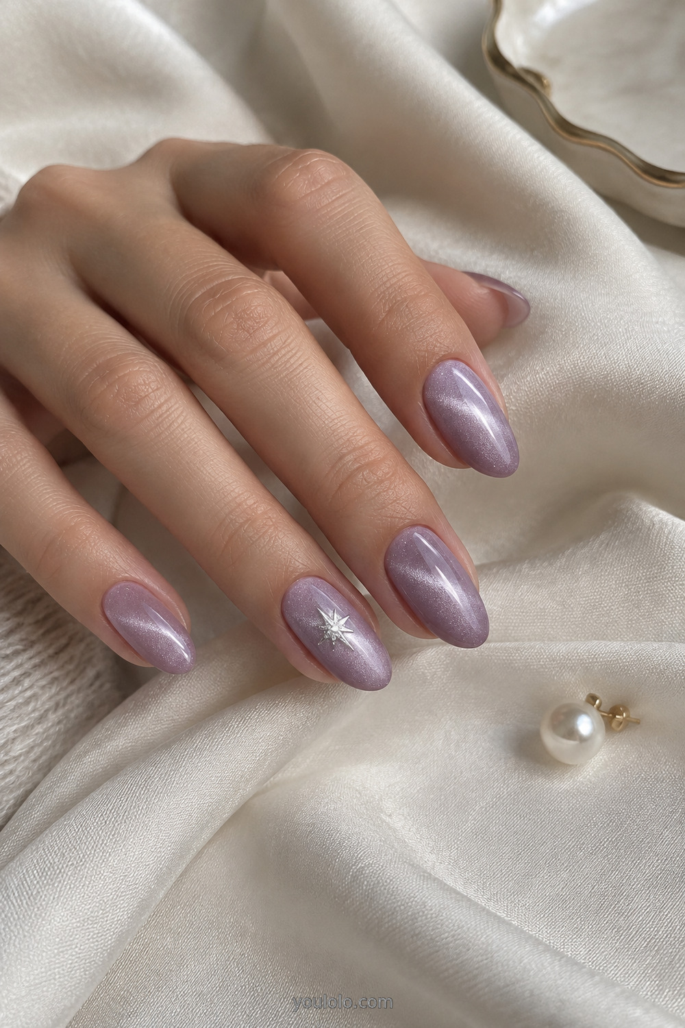 Lavender velvet cat eye Unicorn Nails with a tiny silver star
