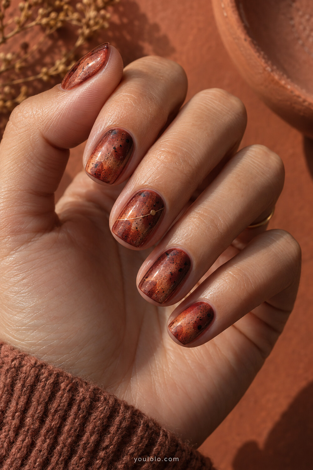Copper rust aura manicure inspired by Mars with fine orbit detail
